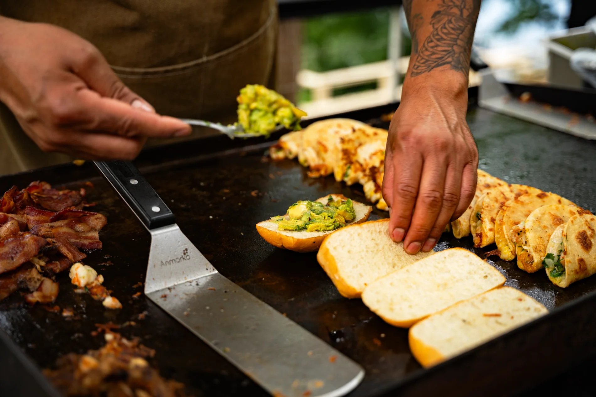 Food being prepared on the griddle